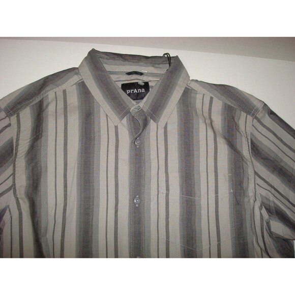 New Mens M Prana Organic Cotton Dark Light Gray Button Shirt NWT SS Stripes Logo - Picture 3 of 6
